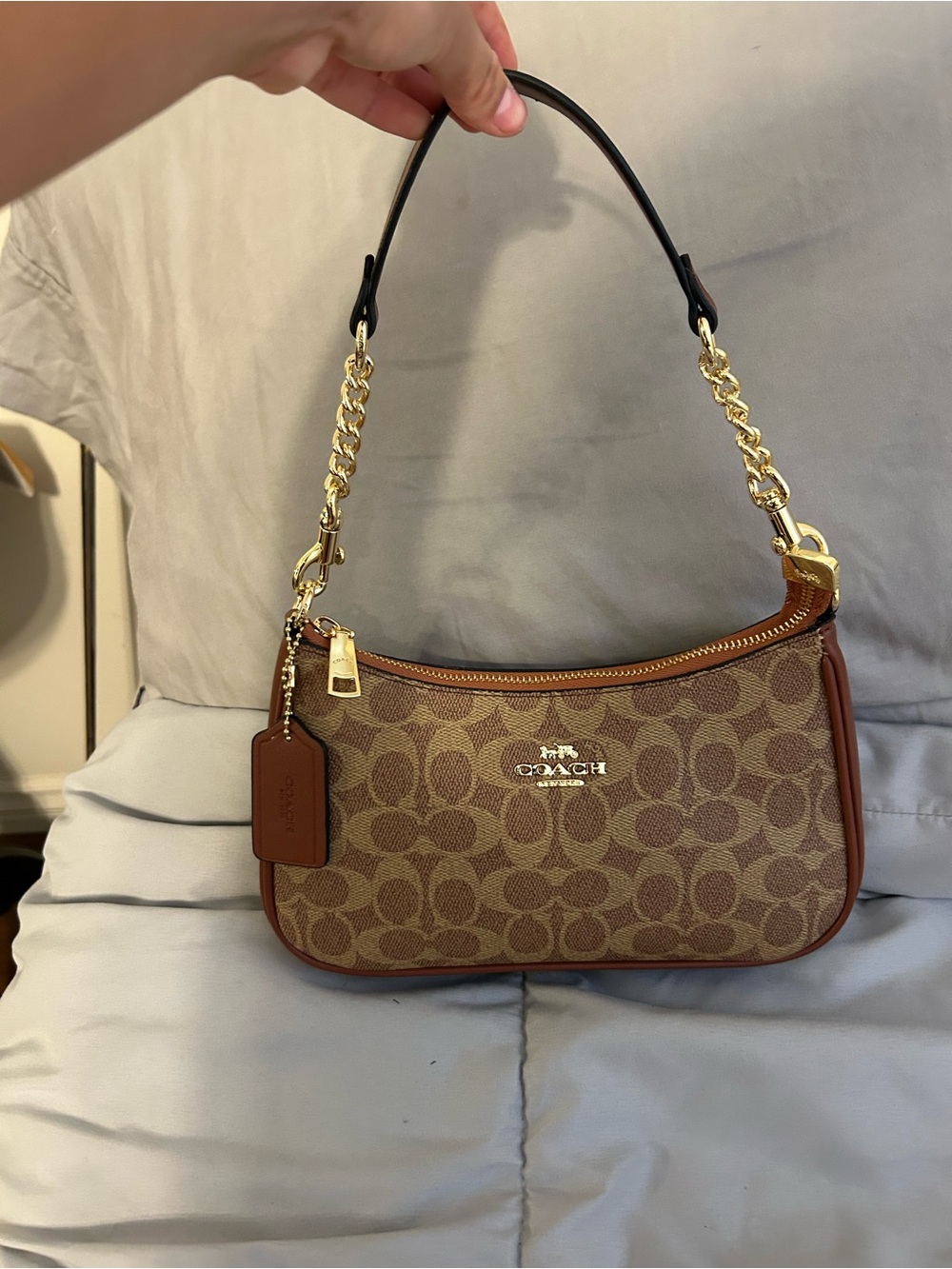 Coach Brown Signature Canvas Chain-Accent Shoulder Bag